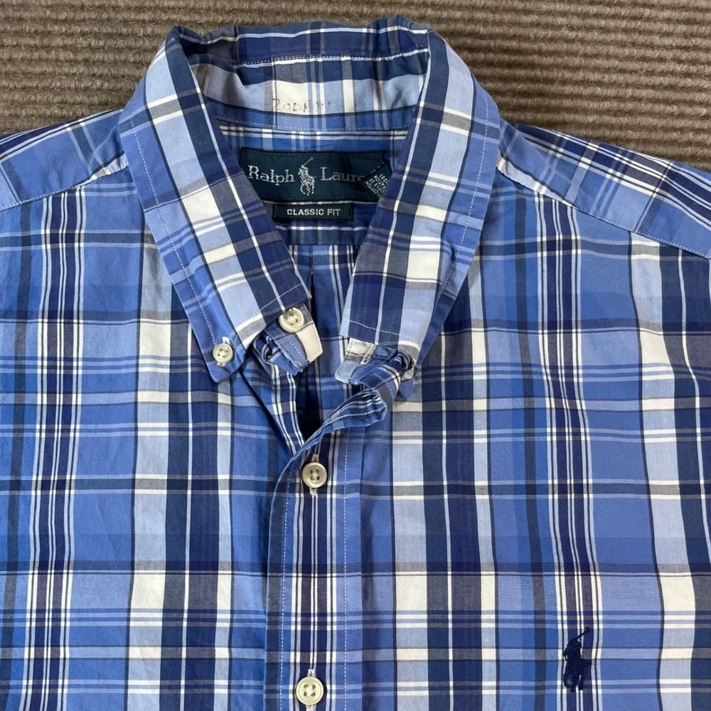 Polo Ralph Lauren Mens Blue White Plaid Classic Fit Cotton Button Down Shirt L